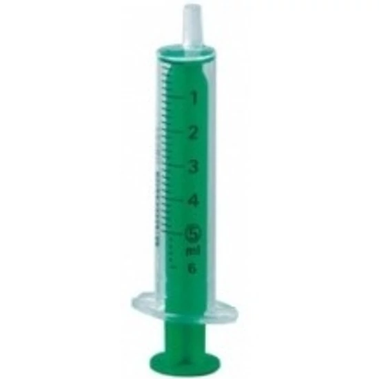 Steril, 5ml-es kétrészes fecskendő PP (polipropilén) anyagból, kiváló oldószer kompatibilitással (100db/csomag)